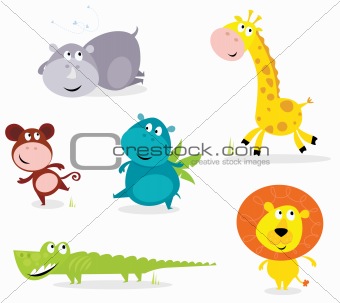 Six cute safari animals - giraffe, croc, rhino, hippo, lion, monkey