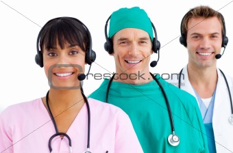 Happy medical team using headsets