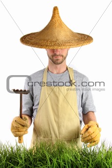Man with Asian straw hat 