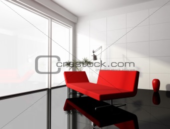 minimal red and white living room