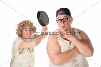 Wife readies to strike her clueless husband's head with a pan