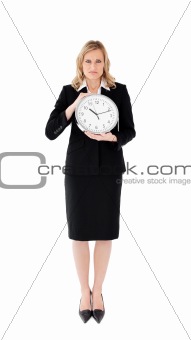 Unhappy businesswoman against white background
