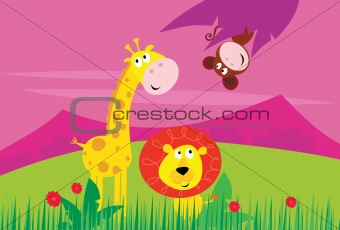 Funny jungle africa animals: Giraffe, Lion and Monkey
