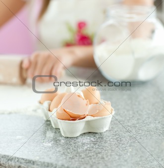Close-up of broken eggs in the kitchen 