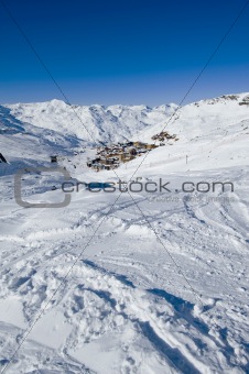View of a mountain village from the ski slopes