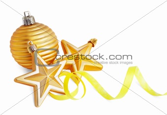 Gold star and christmas ball  with paper streamer