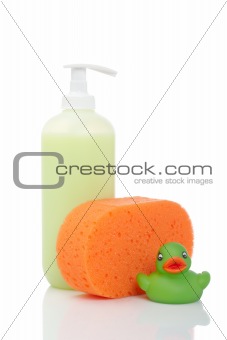 Rubber duck, soap and sponge