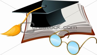 Graduation cap, book and glasses