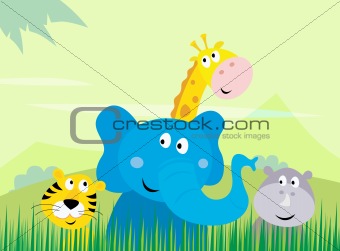 Cute safari Jungle animals - Tiger, Elephant, Giraffe and Rhinoceros