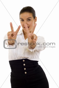 woman making the victory sign