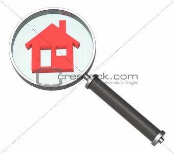 Magnifier with home icon isolated on white.