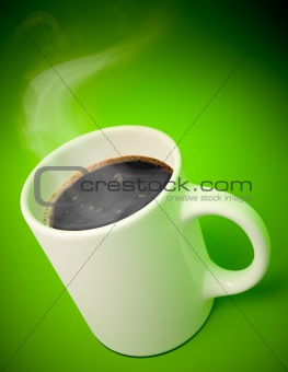 White mug with hot coffee and vapor