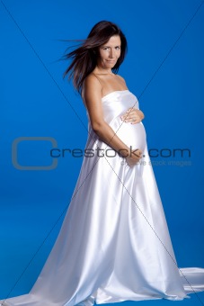 Beautiful pregnant woman posing over a blue background