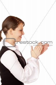 Attractive businesswoman claps with hands