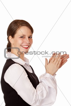 Attractive laughing businesswoman claps with hands