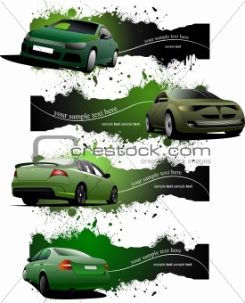 Four  green grunge Banners with cars. Vector illustration