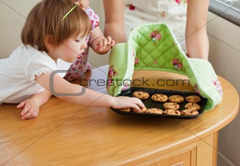 Sweet girl taking a cookie in kitchen