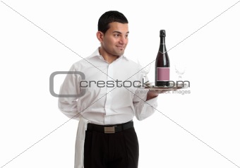 Waiter or servant looking at wine product