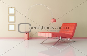 red chaise lounge in a living room