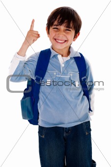 Cute young boy pointing upwards