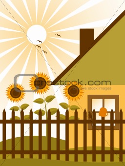cottage and sunflowers