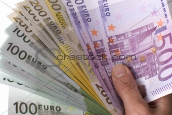 Close-up of the fan of 100, 200 and 500 Euro banknotes