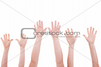 Many children hands high up