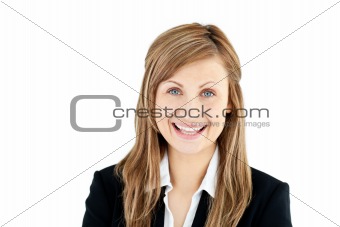 Joyful young businesswoman smiling at the camera 