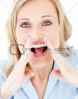 Portrait of a blond woman shouting at the camera 