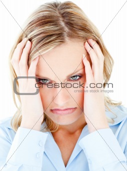 Portrait of a frustrated woman against white background 