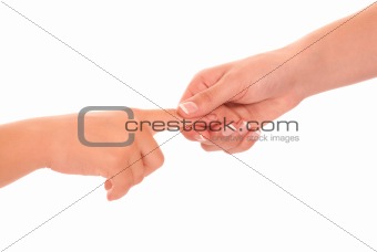 young woman and children girl handshake isolated on white background.