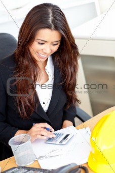 Ambitious businesswoman using her calculator