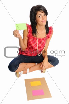 woman with index card