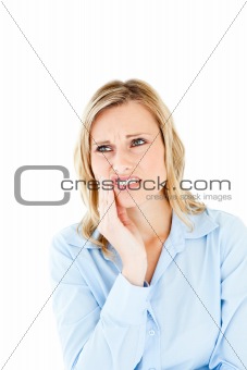Dejected businesswoman with toothache