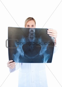 Concentrated female doctor holding an x-ray against a white background