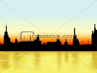 Sunset in the city and sea. Vector