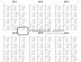 Multi year calendar from 2011 to 2016
