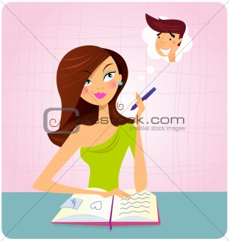 Young student girl is daydreaming while studying
