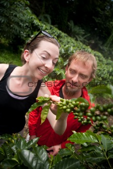 American and European couple on coffee plantation in Costa Rica