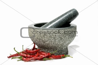 Chillies with pestle and mortar.
