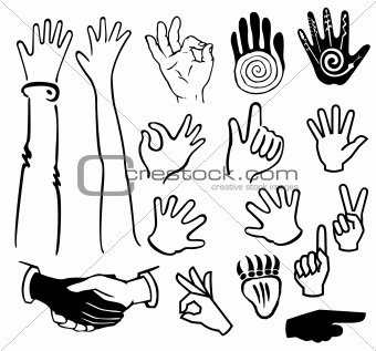 Set hands gesturing black and white silhouettes