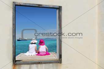 sister girls view window tropical sea turquoise
