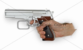Hand with pistol on white background
