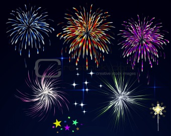 Fireworks, holiday salute in the night sky. Vector