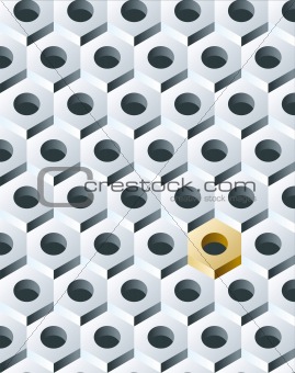 Group of Silver Bolts with Golden one. 3D pattern. Vector Illust