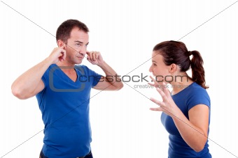 woman screaming with a man, him with hands covering his ears , isolated on white, studio shot