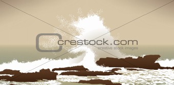 large Pacific Ocean wave crashing into rocks