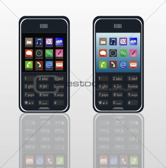 Phone with icons and reflection. Vector