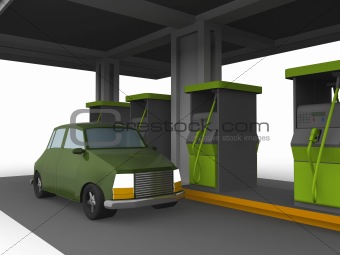 3D representation of a Car in a fuel station isolated in white