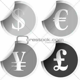 Grey labels with international currency symbols